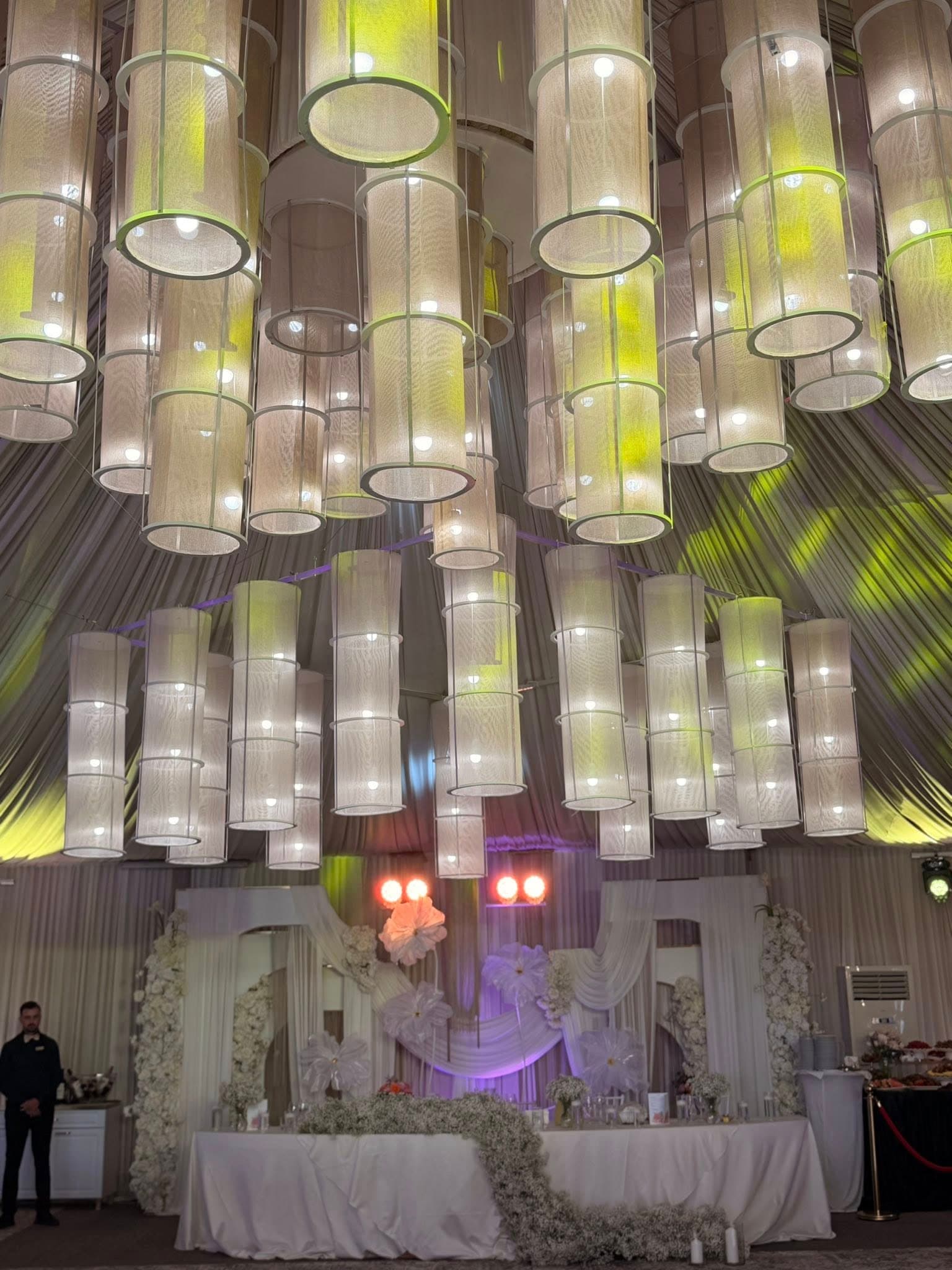 Interior of Domeniile Streiului with hanging chandelier installation